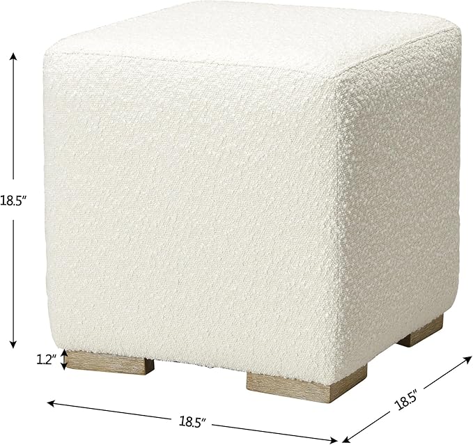 KINWELL 18.5" Wide Modern Square Boucle Upholstered Ottoman with Solid Wood Legs, Cube Ottoman Multi-Functional Sofa Footrest, Extra Seating for Living Room, Bedroom, Fully Assembled (White)