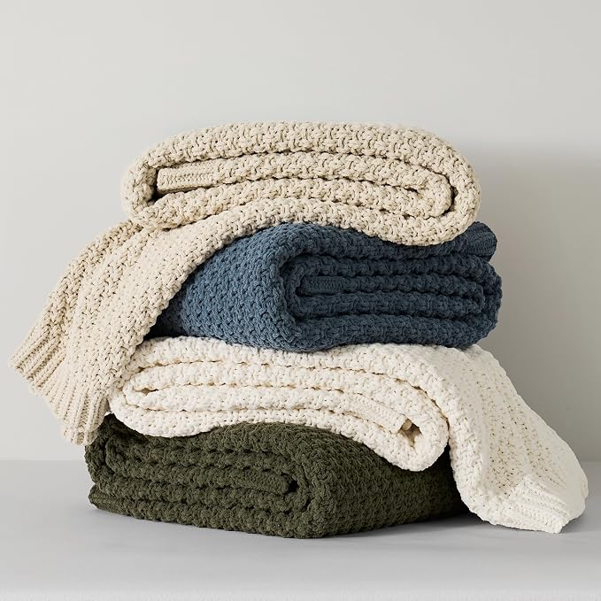 EVERGRACEHOME Chunky Chenille Knit Throw Blanket for Couch, Soft Luxurious Moss Stitch Blankets for Bed, Cozy Decorative Farmhouse Knitted Throws for Sofa, Ivory White, 60" x 80"