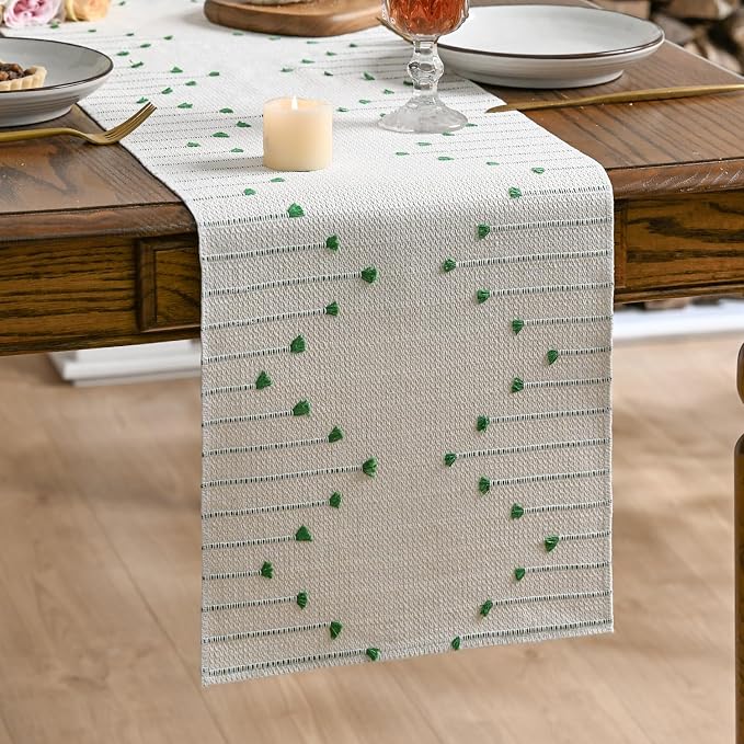 Artoid Mode Dark Green Boho Table Runner for Farmhouse Rustic，Seasonal Holiday Macrame Burlap Kitchen Dining Table Decoration for Home Party Decor 12x48 Inch