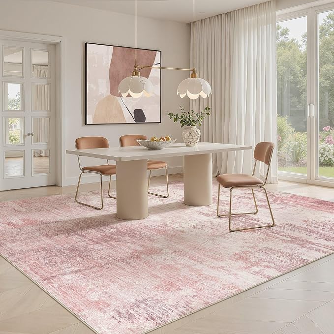 UERMEI 8x10 Area Rug Living Room Rugs - Washable Neutral Modern Abstract Soft Thin Large Rug Indoor Floor No Slip Rug Carpet for Bedroom Under Dining Table Home Office Decor - Pink