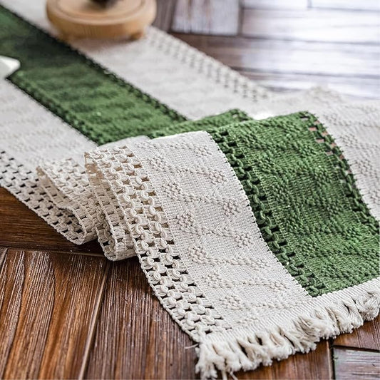 Macrame Table Runner Cream Beige and Green Boho Table Runners with Tassels Hand Woven Cotton Table Runner Rustic Farmhouse Table Runners for Bohemian Kitchen Dining Table(12x108in)