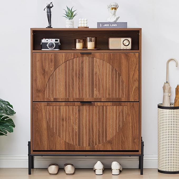 FurSch Fluted Shoe Cabinet with 2 Flip Drawers, Narrow Shoes Storage Organizer Rack with Circle Design Panel for Entryway Hallway (Walnut)