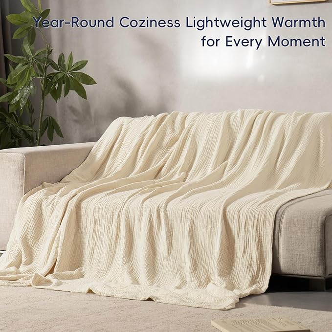 PHF 100% Cotton Muslin Blanket Queen Size 90"x90", 4-Layer Lightweight Gauze Throw, Breathable Cloud-Soft Minimalist Blanket for Bed, Couch, Camping, Beige/Short Bread, Ideal Gift