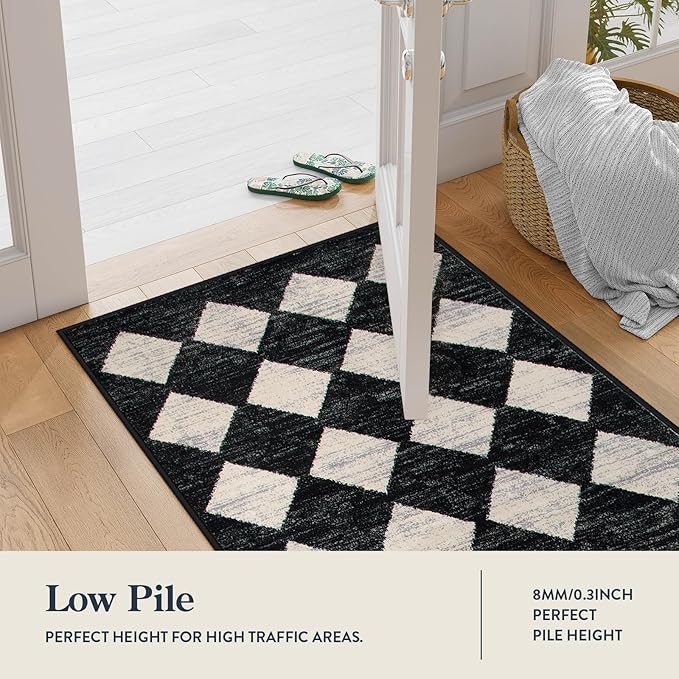Lahome Zelie Moroccan Trellis Area Rug - 3x5 Washable Black Entry Rug Non Slip Living Room Mat, Distressed Lattice Soft Stain Resistance Indoor Throw Carpet for Front Door Foyer Bedroom Bathroom