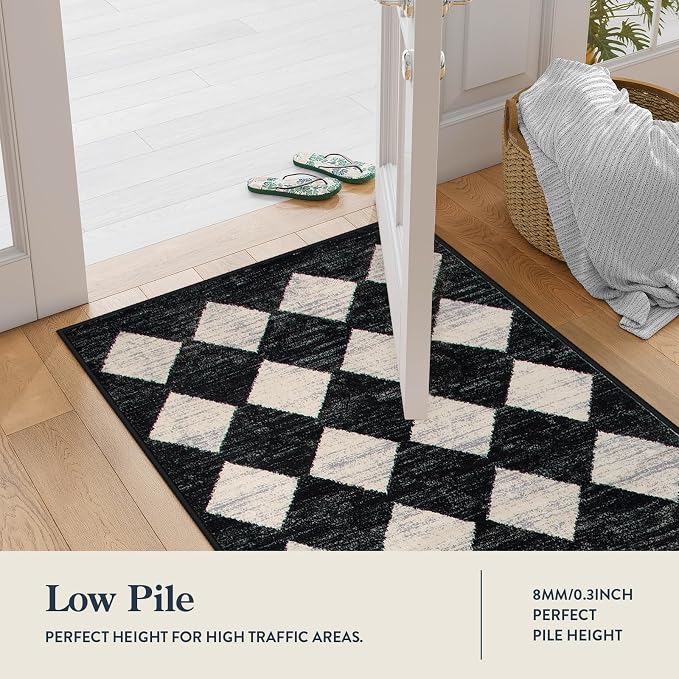 Lahome Zelie Checkered Washable Rug Runners for Hallways Non Slip,2x10 Black Kitchen Bathroom Runner Rug,Trellis Low Pile Indoor Carpet Runner for Bedroom Entryway Foyer(2'x10',Black)