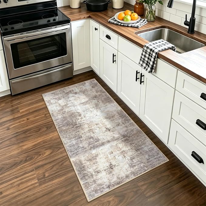 IOHOUZE Abstract Runner Rug 2x4 Ft Entryway Rugs Washable Door Mat Indoor Entrance, Rubber Backed Entryway Runners, Printed Faux Wool Non Slip Floor Carpet for Foyer Front Door Sink, Beige Brown