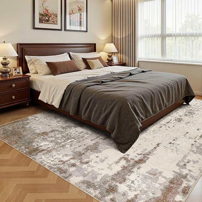 UERMEI 6x9 Area Rug Living Room Rugs - Washable Neutral Modern Abstract Soft Thin Rug Indoor Floor No Slip Rug Carpet for Bedroom Under Dining Table Home Office Decor - Brown/Grey/Beige