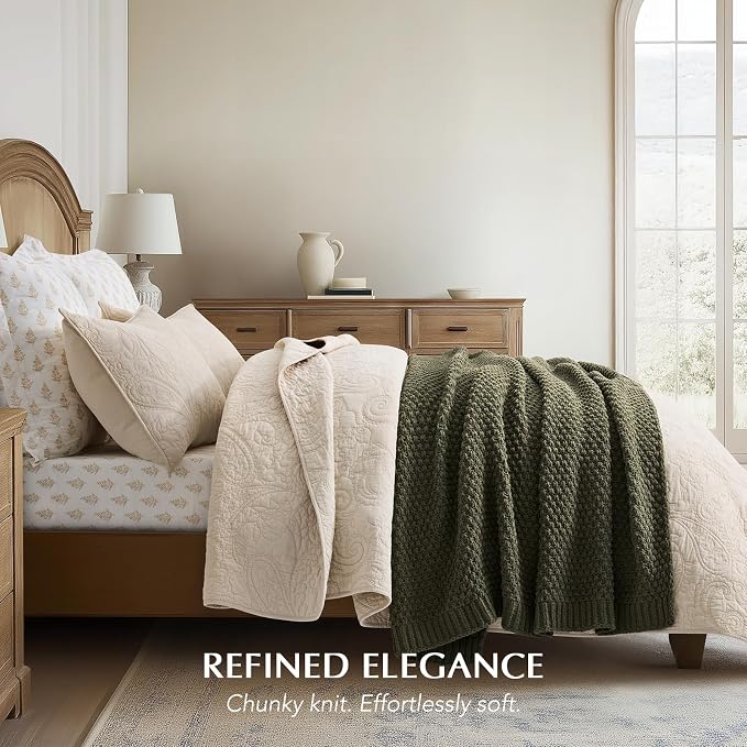 EVERGRACEHOME Chunky Chenille Knit Throw Blanket for Couch, Soft Luxurious Moss Stitch Chair Blankets for Bed, Cozy Decorative Farmhouse Knitted Throws for Sofa, Olive Green, 50" x 60"