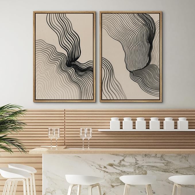 SIGNWIN Framed Canvas Print Wall Art Set Black and Beige Line Modern Geometric Abstract Illustrations Modern Art Minimal Boho Relax/Calm for Living Room, Bedroom, Office - 16"x24"x2 Natural