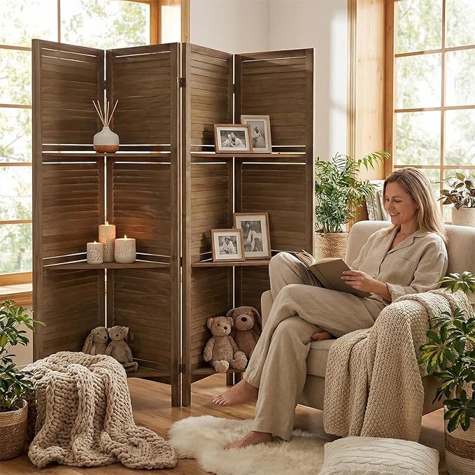 Bluecat 4 Panel Folding Room Divider with Shelves, Portable Lightweight Privacy Screen for Bedroom Home Office, No Assembly Required, Dark Brown