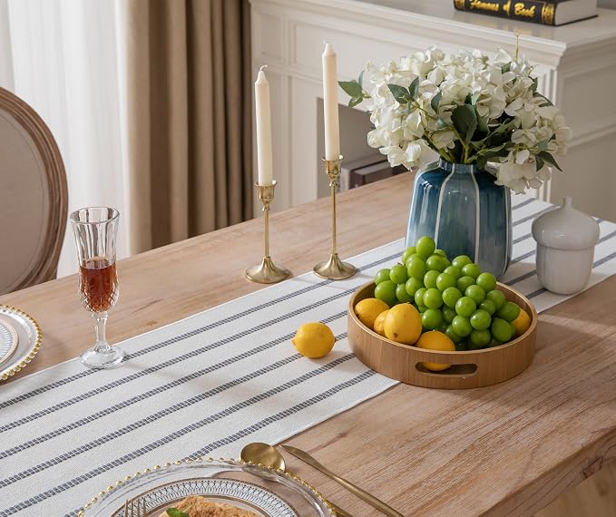 Caflife Boho Table Runner 72 Inchs Long Grey and Beige, Cotton and Linen Woven with Tassels, for Modern Rustic Farmhouse Neutral Table Runners, Bohemian Kitchen Dining Table Home Decor