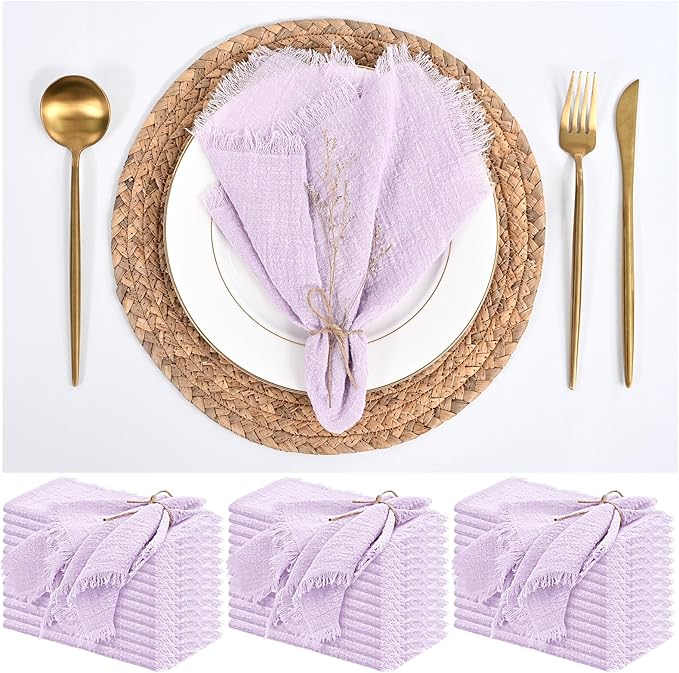 36 Pack Lavender Napkins Cotton Linen Napkin 16 x 16 Inch Light Purple Cloth Napkins Handmade with Fringe Soft Washable Rustic Dinner Napkin Cloth for Wedding Party Dinner Table