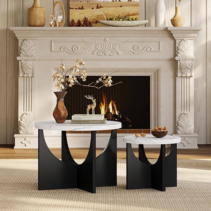 LIKIMIO Nesting Coffee Tables Set of 2, 23.6" Small Round Side Tables for Living Room, Wooden End Table, Marble