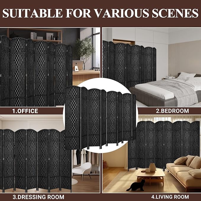 HALLYBEE Room Divider, Room Dividers and Folding Privacy Screens, 16in Privacy Screen, 8 Panel Temporary Wall Partitions, 6ft Space Separation Panel Screen, Black