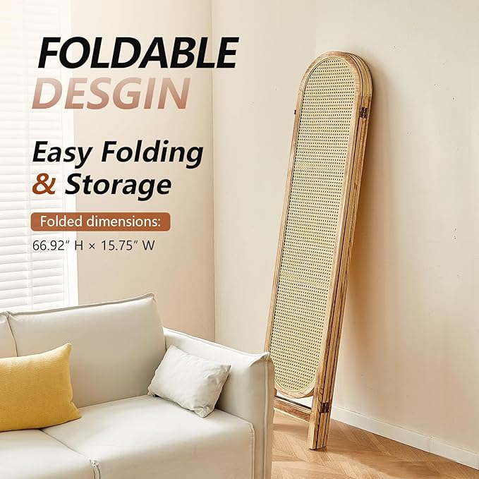 Room Divider and Folding Privacy Screen 5.6 Ft Rattan Room Divider with Double Hinges, Foldable Wood Partition Screen for Bedroom, Dorm, Apartment, Home Office - 4 Panel Natural