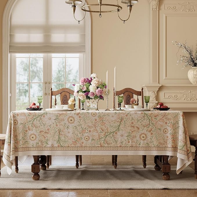 French Thick Linen Table Cloth Square Tables, Pink Floral Waterproof Wipeable Decorative Table Cover for Dining Kitchen Indoor Outdoor, 55" x 55", 2-4 Seats