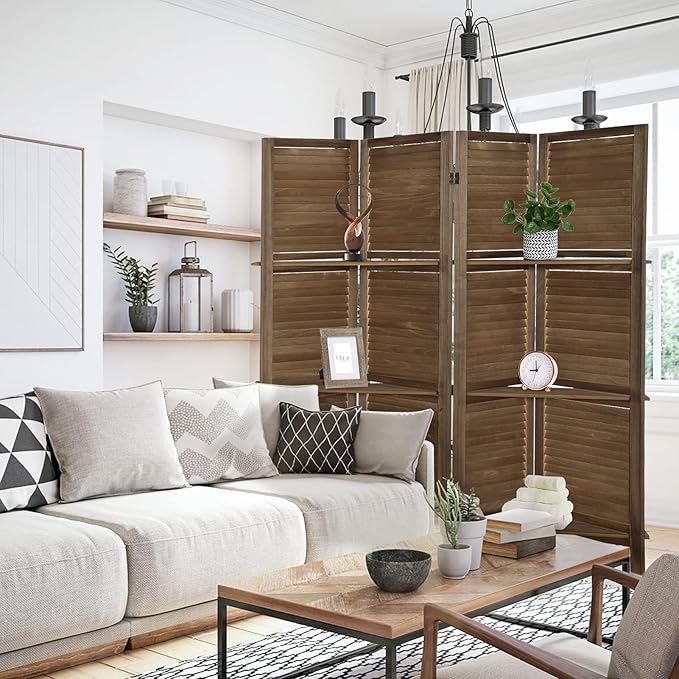 4 Panel Room Divider with Shelves, Room Dividers and Folding Privacy Screens, Wall Divider for Room Separation, Wood Room Divider, Dark Brown