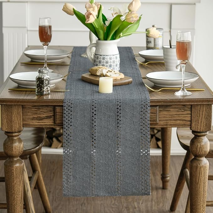 Artoid Mode Dark Grey Farmhouse Woven Rustic Hollow Table Runner, Seasonal Holiday Hollow Kitchen Dining Table Decoration for Home Party Decor 12x72 Inch