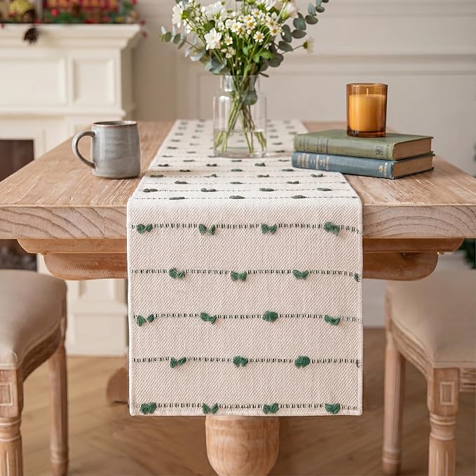 Artoid Mode Dark Green Boho Farmhouse Cotton Woven Table Runner, Seasonal Christmas Kitchen Dining Table Decoration for Home Party Decor 12x72 Inch