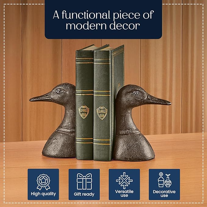 Decorative Distressed Cast Metal Duck Head Bookends - Heavy Duty Book Stopper for Shelves, Cute Novelty Book Holder - Rustic Vintage Home Office Organizer Set of 2