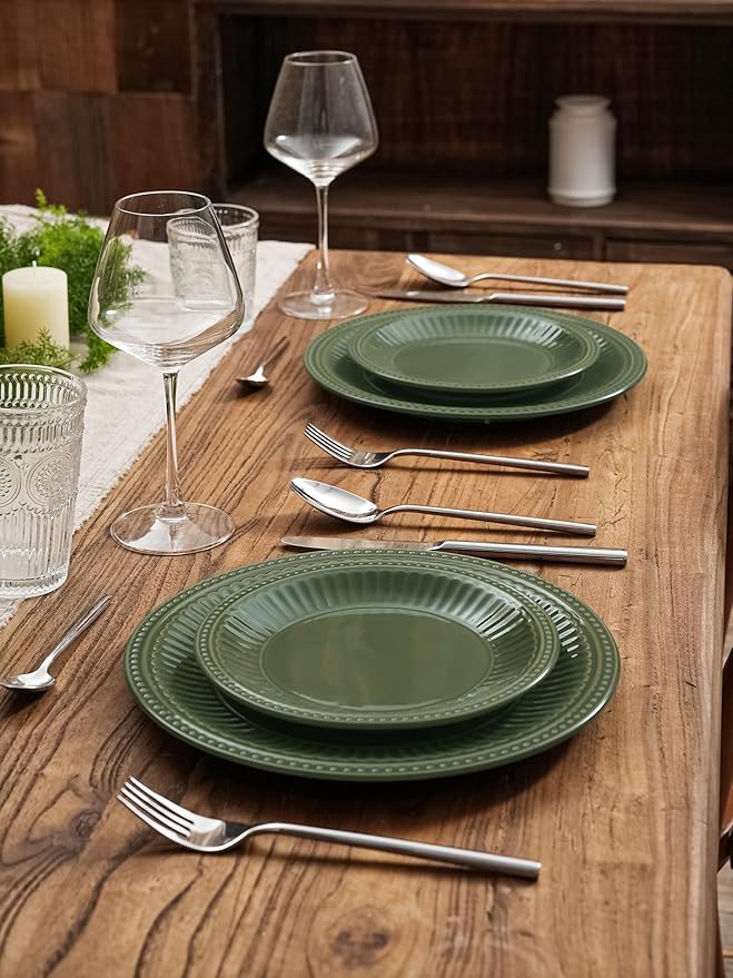 Famiware Garden 12-Piece Embossed Plates and Bowls Sets, Stoneware Reactive Glaze Dishes Dinnerware Set, Modern Rustic, Chip & Scratch Resistant, Microwave & Dishwasher Safe, Service for 4, Dark Green