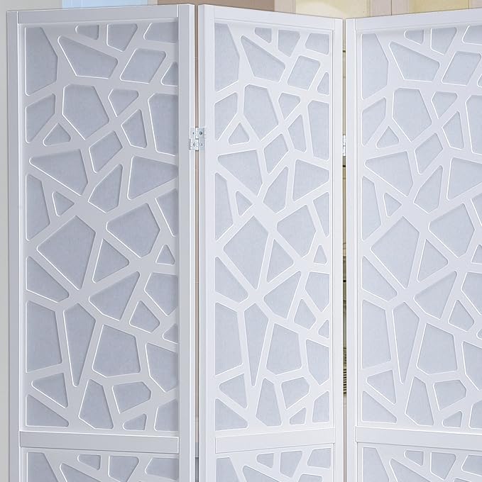 Roundhill Furniture Giyano 4 Panel Screen Room Divider, White Screen with White Frame