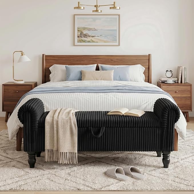 51.5" Black Corduroy Storage Bench, End of Bed Bench with Storage, Upholstered Bedroom Bench with Rolled Arm, Ottoman Bench for End of Bedroom, Living Room, Entryway