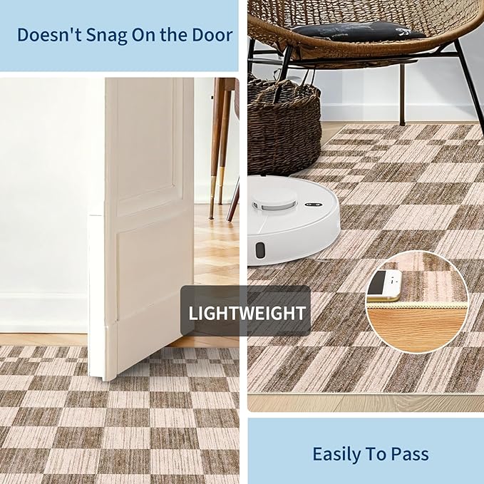 GarveeHome 2×10 Kitchen Runner Rug Non Slip,Brown Checkered Rug,Washable Runner Rug for Hallway Soft Low-Pile Geometric Checkerboard Rugs for Entryway Kitchen Dining Room