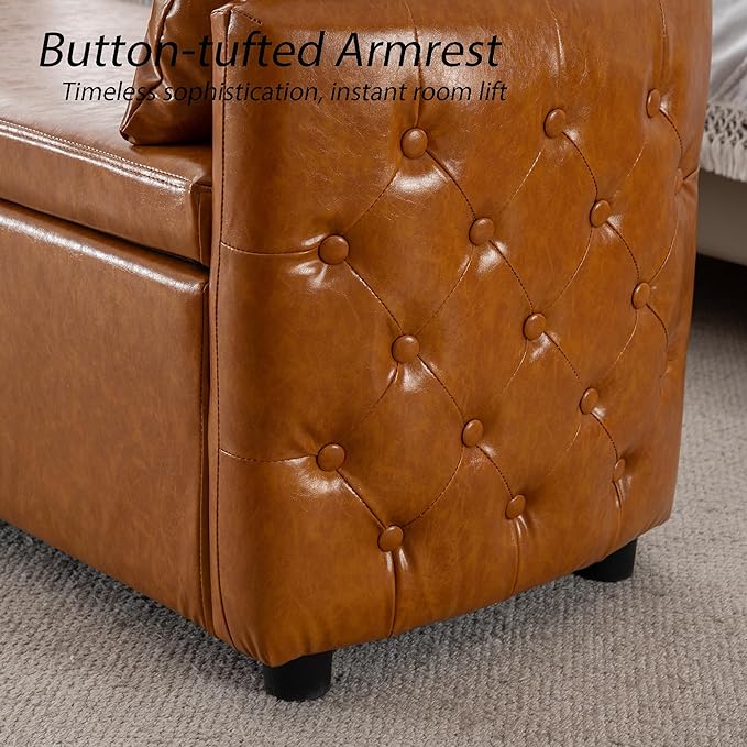 Storage Bench for Bedroom, 60" End of Bed Bench for King Size Bed,Tufted Bench Modern Upholstered Long Ottoman Bench with Arm (Camel Brown, Faux Leather-60 Wide)
