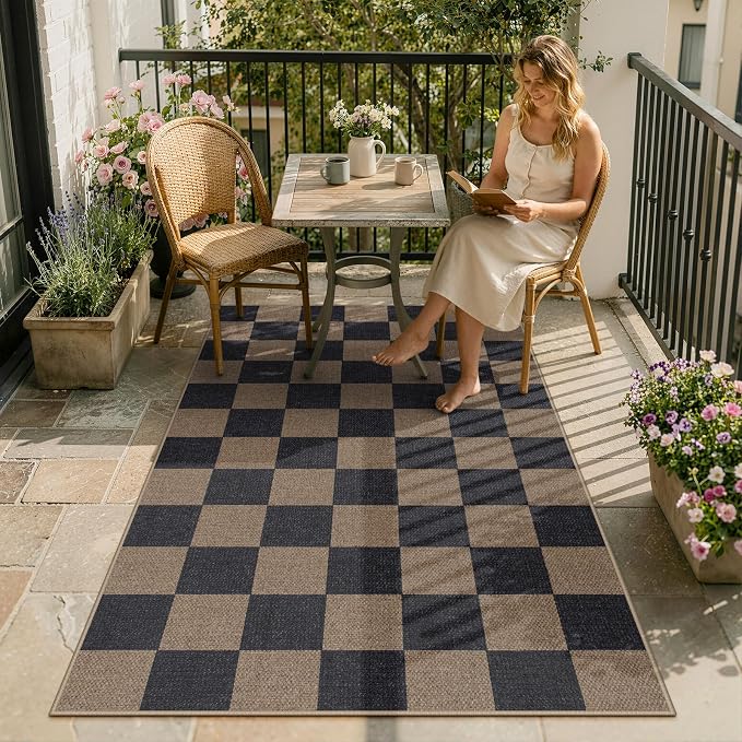 Lahome Colette Checkered Easy Jute 3x5 Rug, Washable Rugs for Living Room Entryway Farmhouse Non Slip Black Outdoor Carpet, Checkerboard Indoor Door Mat for Entry Patio Deck