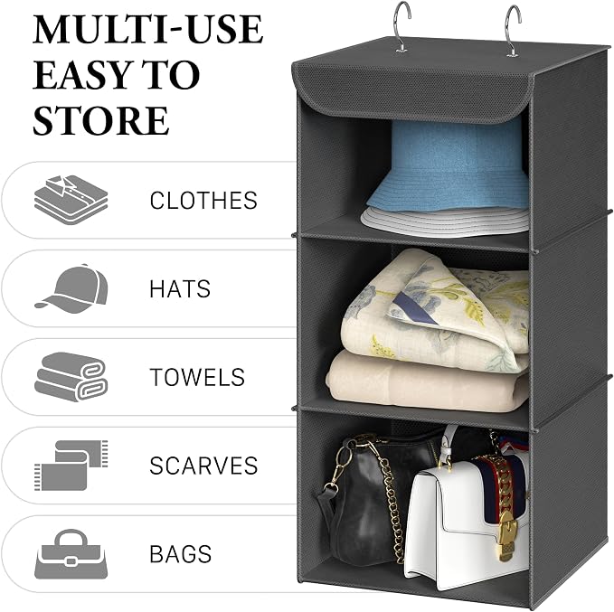 Simple Houseware 3-Shelf Hanging Closet Organizer, Fabric Storage Shelves with 57L Capacity, Dark Gray