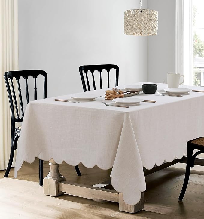 100% French Flax Linen Scalloped Embroidery Rectangle Tablecloths 120Lx60W Inch for Dinners, Parties, Spring, Machine Washable, 10-12 Sets, Linen(Edges-Gold)