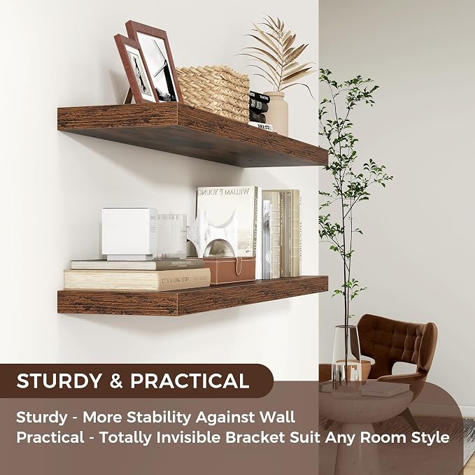Floating Shelves for Wall 36 inch Long, Engineered Wood Wall Shelves with Invisible Brackets for Living Room Bedroom Bathroom Office Kitchen Decor and Storage, Rustic Brown Finish, Set of 2