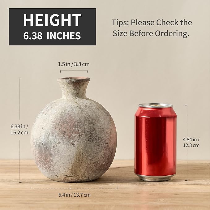 6.38" Ceramic Vase for Home Decor, Decorative Terracotta Farmhouse Rustic Vases for Living Room Kitchen Bedroom Bathroom Entryway Mantel Table, Pottery Vases for Grass Pampas Dried Fresh Flowers