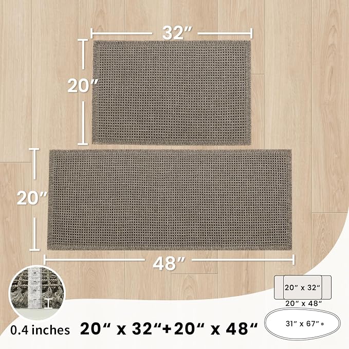 Large Bathroom Rugs Sets 2 Piece - Waffle Bath Mat Non Slip, Extra Absorbent Washable Bathroom Mats for Tub and Shower, Quick Dry Spa Decor, 20x32 & 20x48, Olive Green