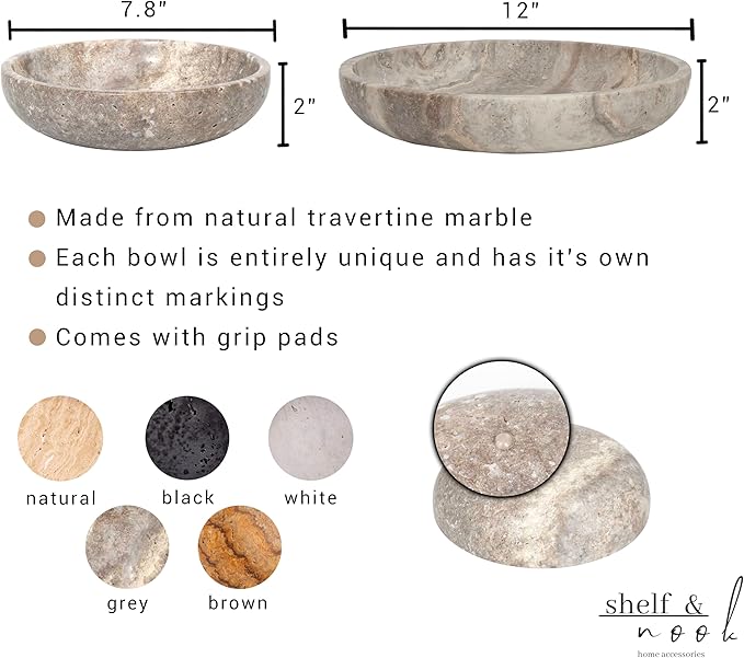 Shelf & Nook Travertine Decorative Bowls for Home Decor. Key Bowl for Entryway Table in a Choice of 5 Colors (Silver-Grey, Large)