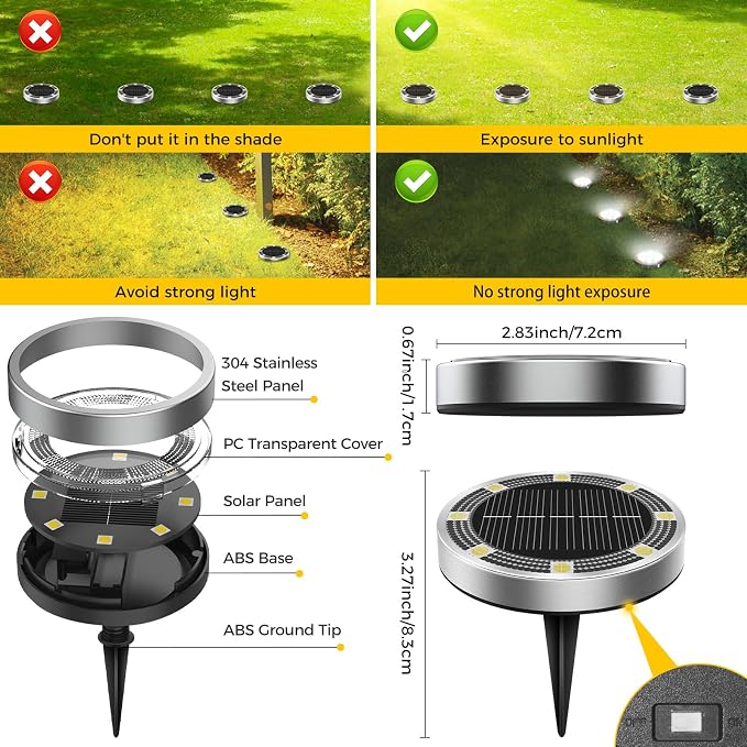 20 Pack Solar Ground Lights Outdoor, 8 LED Mini Flat Solar Disk Lights, IP65 Waterproof Anti-Rust Disc Light, Landscape Lighting for Garden Pathway Yard Walkway Driveway Lawn,Cool White