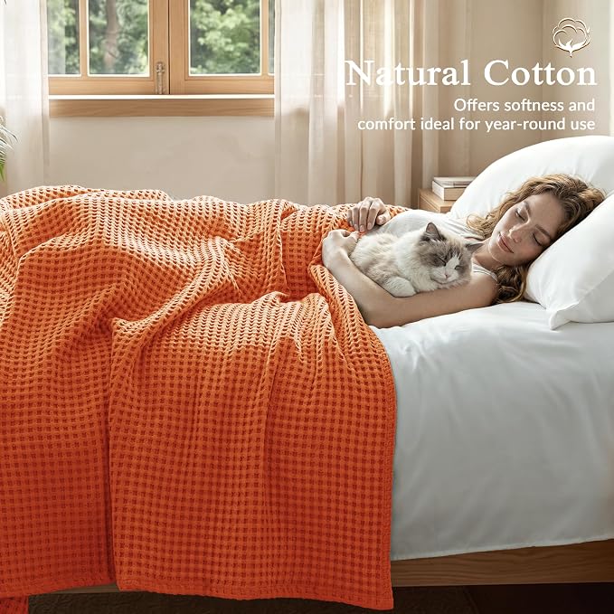 Exclusivo Mezcla Pre-Washed 100% Cotton Waffle Blanket Queen Size for Bed, 330GSM Lightweight Breathable Summer Blankets, Soft and Cozy, Home Decor, Burnt Orange, 90x90 Inches