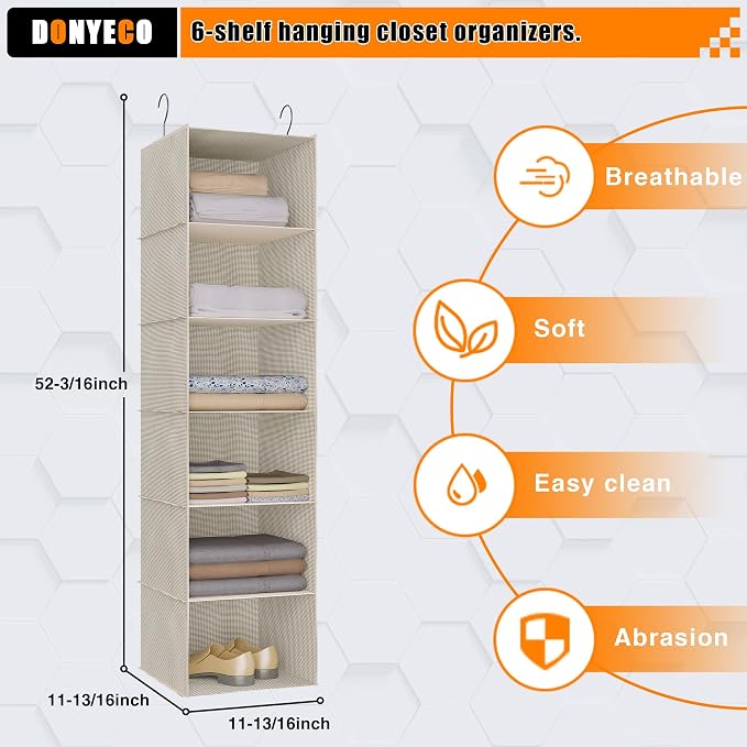 Hanging Closet Organizer, Easy Mount Foldable 6-Shelf Hanging Closet Wardrobe Storage Shelves, Clothes Handbag Shoes Accessories Storage, Imitation Linen Fabric, Beige Houndstooth
