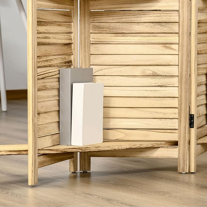 4-Panel Folding Room Divider with Shelves, 5.6 Ft Freestanding Paulownia Wood Privacy Screen Panel with Storage Shelves for Bedroom or Office, Natural