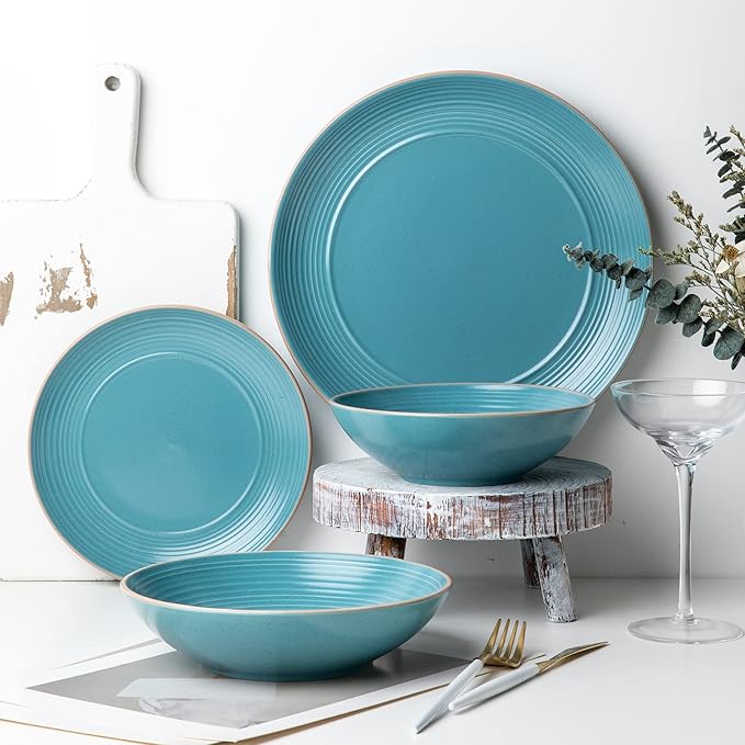 Arora RINGAR Round Stoneware 16pc Double Bowl Dinnerware Set for 4, Dinner Plates, Side Plates, Cereal Bowls, Pasta Bowls - Speckle Matte Turquoise (428525)