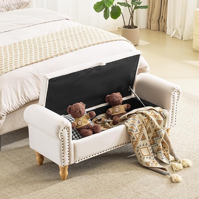 Storage Bench for Bedroom, Ottoman with Storage, Upholstered Ottomans Benches with Rolled Arm for Bedroom End of Bed, Living Room, Entryway (Beige)
