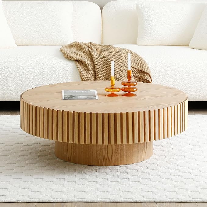 39.4" Oak Round Coffee Table Wood, Modern Drum Fluted Circle Coffee Table for Living Room, Contemporary Low Center Table Side Table for Apartment, Farmhouse, Office, mesa de Cafe, Natural Ash