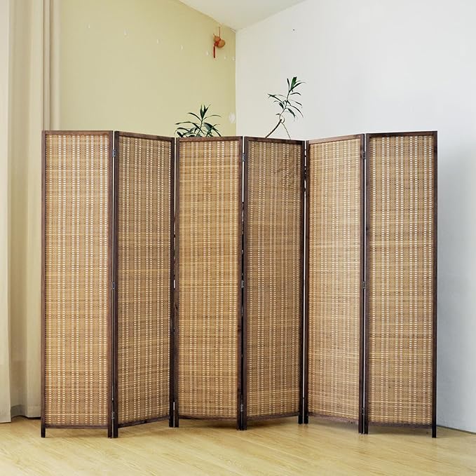 6 Panel Bamboo Room Divider Screen,5.6 FT Tall Bamboo Divider Folding Panel Screen,Freestanding Panel Divider for Room Seperation,Brown