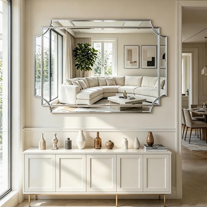 Geometric Beveled Mirror, 48" x 31.6" Silver Art Deco Mirror with Silver Wood Frame, Large Rectangle Accent Wall Mirror for Entryway Bathroom Living Room Bedroom, Horizontal/Vertical Hanging