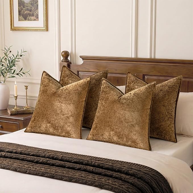 a moment Throw Pillow Covers 22X22 Inch 4 Packs,Soft Velvet Decorative Pillow Cases with 3D Ice Flower,Texture Modern Accent Cushion Covers for Sofa Couch Home Decor Golden Brown