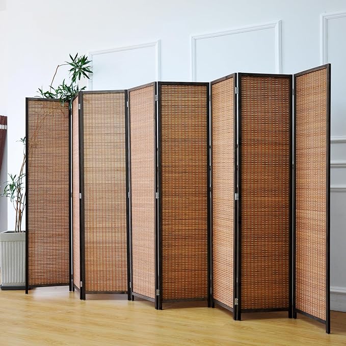 Furnnylane 8 Panel Bamboo Room Divider - Natural Brown 5.6 ft Tall Folding Privacy Screen, Freestanding Partition Wall for Room Separation (67" H x 122.8" W)