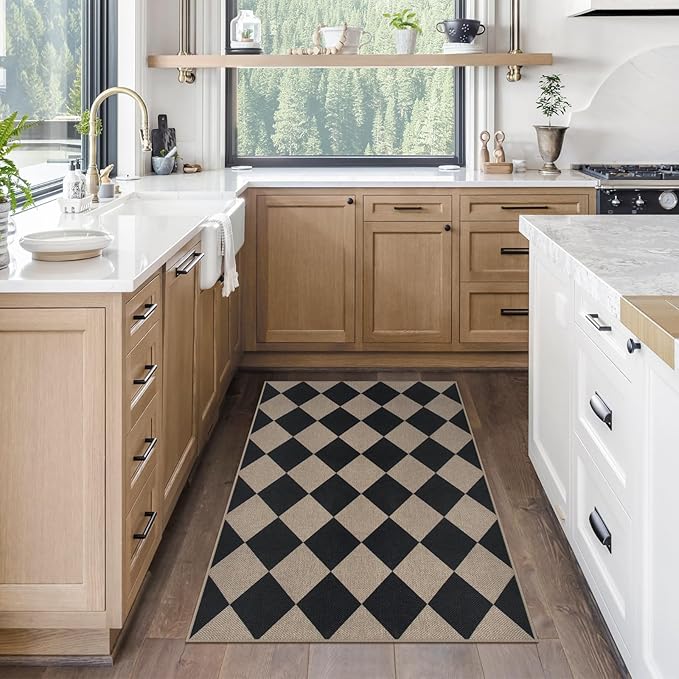 Rugalia Easy Jute Checkered Entryway Rug, 2.6x4 Black Modern Indoor Outdoor Doormat, Washable Non-Slip Neutral Kitchen Rug Farmhouse Diamond Throw Rugs for Entrance Bedroom Bathroom