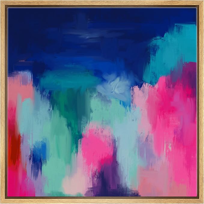 SIGNWIN Framed Canvas Print Wall Art Pastel Blue and Pink Watercolor Collage Abstract Shapes Illustrations Modern Art Rustic Colorful Neon for Living Room, Bedroom, Office - 16"x16" Natural