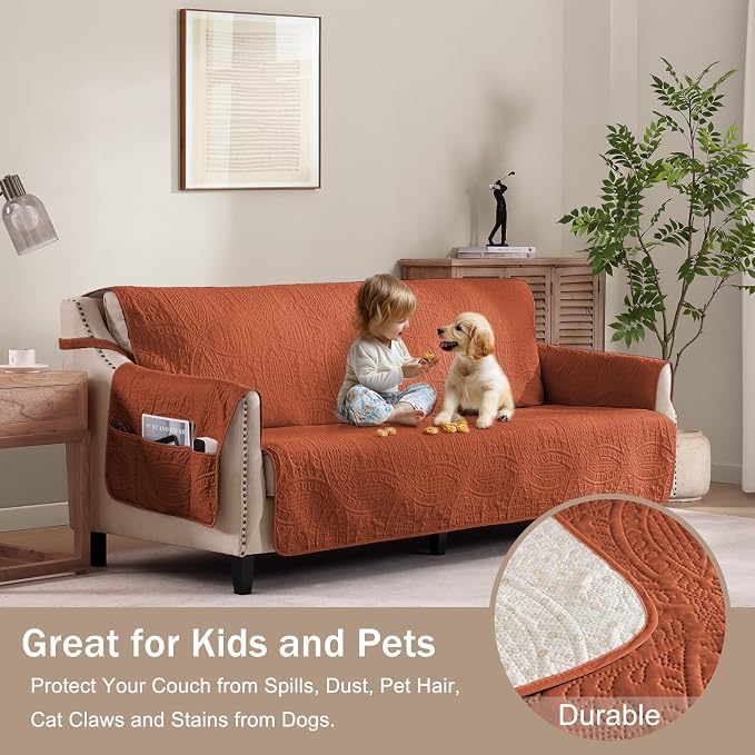 Burnt Orange Sofa Covers with Pockets, Anti-Slip Medallion Couch Covers for 3 Cushion Couch Sofa, Couch Cover for Dogs Water-Repellent Machine Washable (Large Sofa 68", Burnt Orange)
